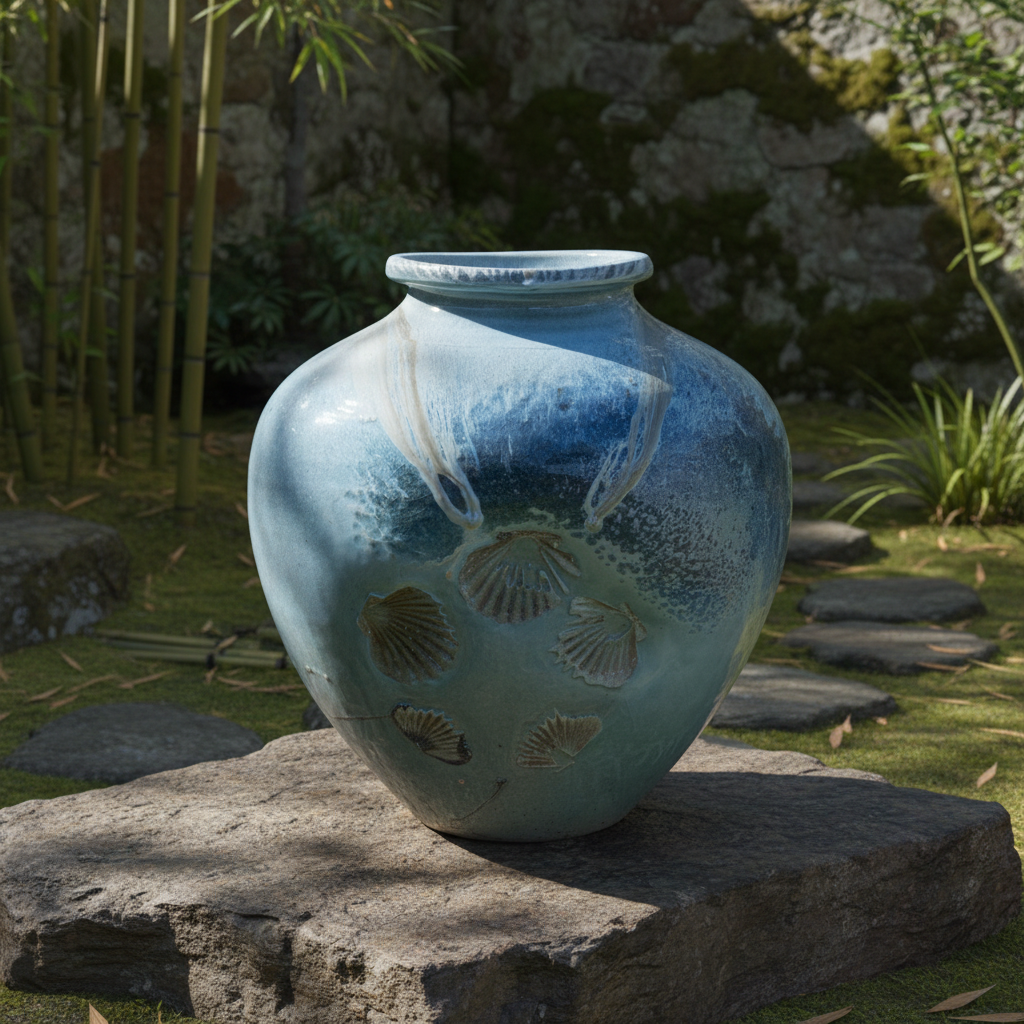 Celadon Large Jar in Garden Scene