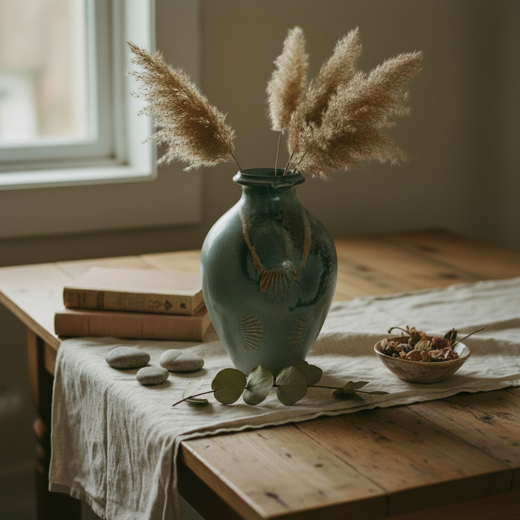 Celadon Round Vase Enriched Scene